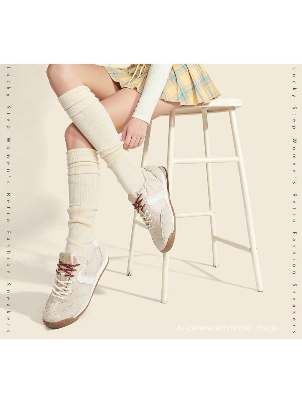 Women's Beige Comfortable Non Slip Retro Lightweight Trendy Fashion Sneakers - Picture 2 of 7